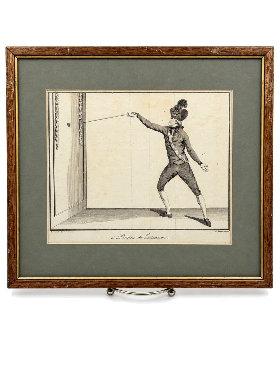 Antique 1763 Domenico Angelo Fencing Engraving, 3rd Position, Framed