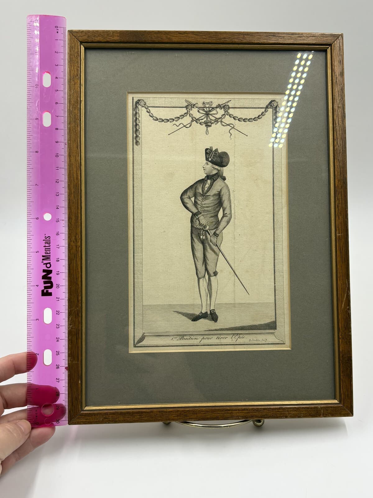 Antique 18th Century Fencing Engraving 1re Position pour Tirer l'Epee Framed